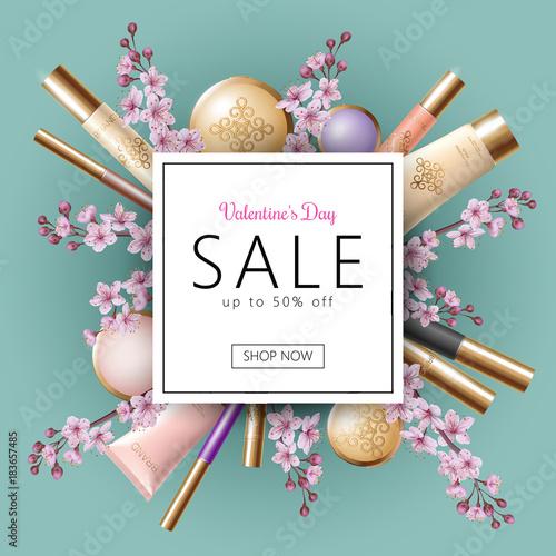 3D realistic Valentine Day sale banner template. Discount offer spring flower sakura pink petal cosmetic package mock up frame design delicate pink beige golden light blue vector illustration