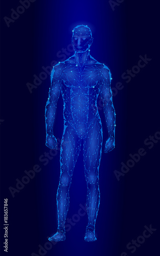 Strong healthy human body standing 3D model low poly design. Android robot humanoid optimal perfect man fitness sport shape. Polygonal geometric point line particle blue glow vector illustration