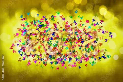 yellow, transparent inscription 2018 on a background with colorful flying sticky notes with golden blur