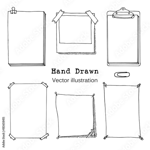 Hand drawn cartoon vector set of paper sheet, folder, sticky note, bundle of paper, poster. Paper page with pin, scotch tape and paperclip sketch. Simple Doodle style illustration. Collection of icons