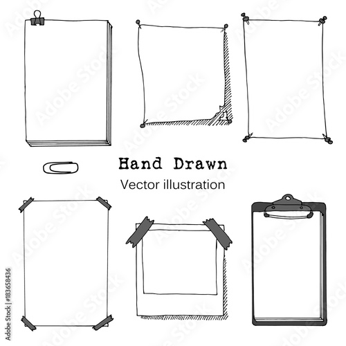 Hand drawn cartoon vector set of paper sheet, folder, sticky note, bundle of paper, poster. Paper page with pin, scotch tape and paperclip sketch. Simple Doodle style illustration. Collection of icons