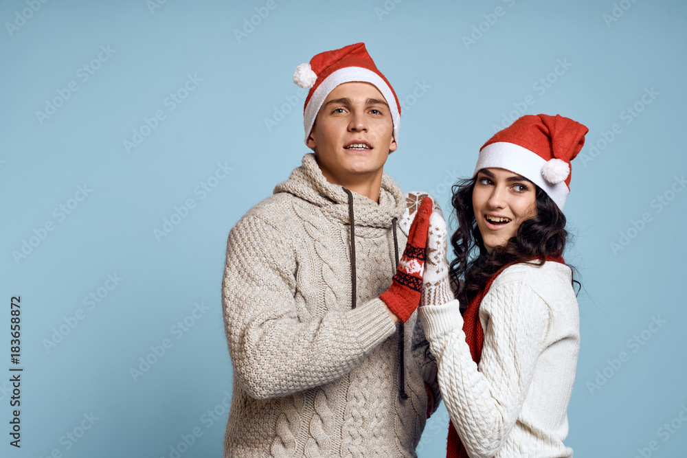 couple, attitude, emotions, new year, light blue background couple, attitude, emotions, new year, light blue background
