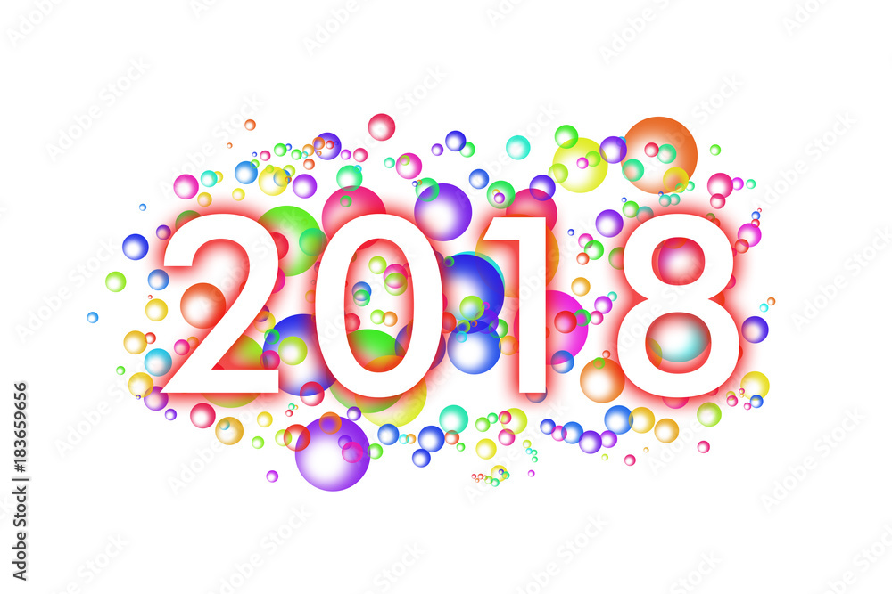 white inscription 2018 with a red shadow on a background of colored soap bubbles on a white background white inscription 2018 with a red shadow on a background of colored soap bubbles on a white background