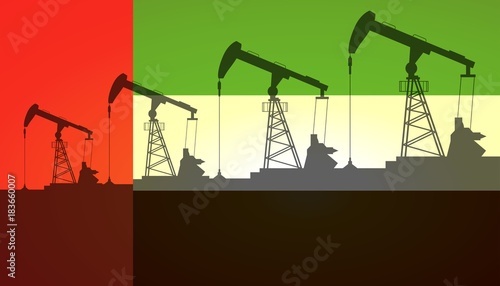 Oil pump on background of flag of Emirates (UAE). Vector illustration