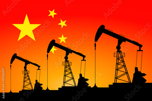 Oil pump on background of flag of China. Vector illustration