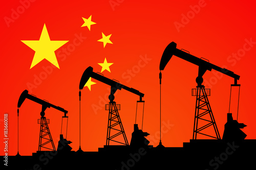 Oil pump on background of flag of China. Vector illustration
