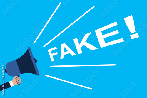 Hand Holding Megaphone With Speech FAKE!. Announcement. Vector illustration