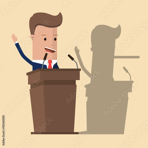 Businessman or politician in suit at tribune with shadow of his long nose, who is actually liar. Liar Businessman. Vector illustration