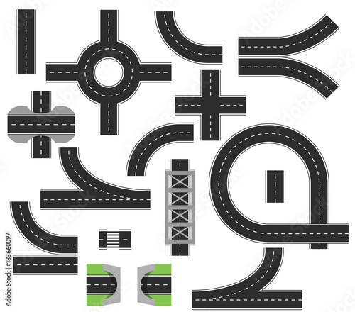 Collection of isolated connectable highway elements. Top view position. Vector illustration
