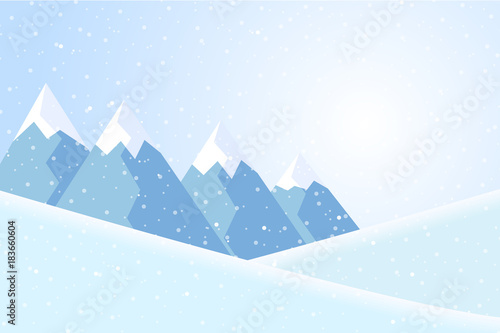 Vector illustration of winter mountain landscape with snow and blue sky, suitable as Christmas card