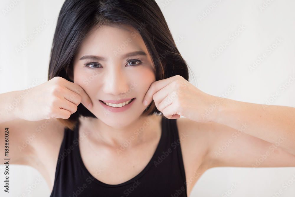 happiness asian girl smiling and laugh with black tshirt beauty concept white background happiness asian girl smiling and laugh with black tshirt beauty concept white background