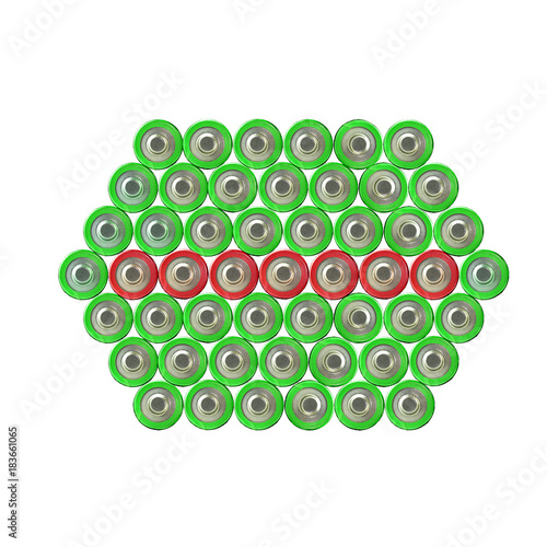 Minus sign of the red batteries on the background of green batteries, top view, white background, icon, isolated