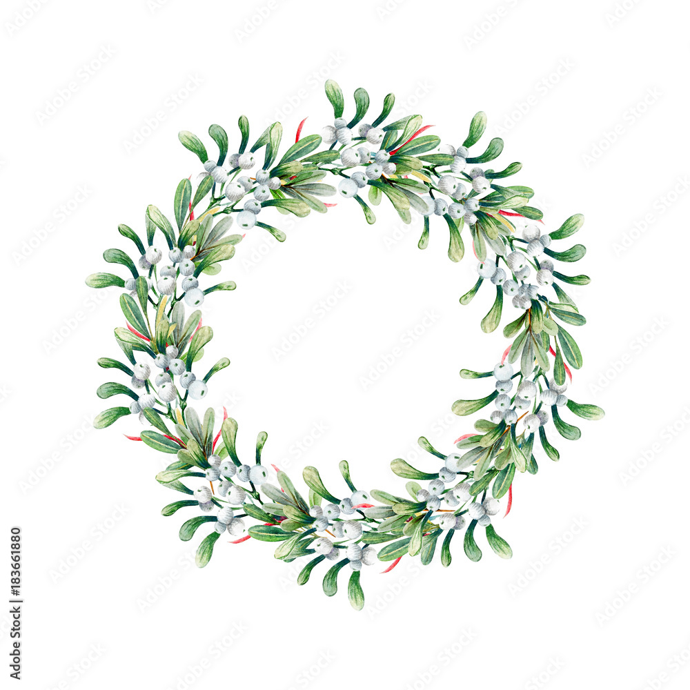 Watercolor Christmas wreath of mistletoe and boxwood on a white background. Beautiful and bright  frame for your holiday, warm wishes and design
