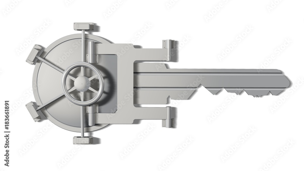 Obraz premium Key As Vault Bank Door on a white background - security concept