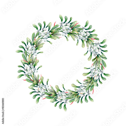 Watercolor Christmas wreath of mistletoe and boxwood on a white background. Beautiful and bright  frame for your holiday, warm wishes and design photo