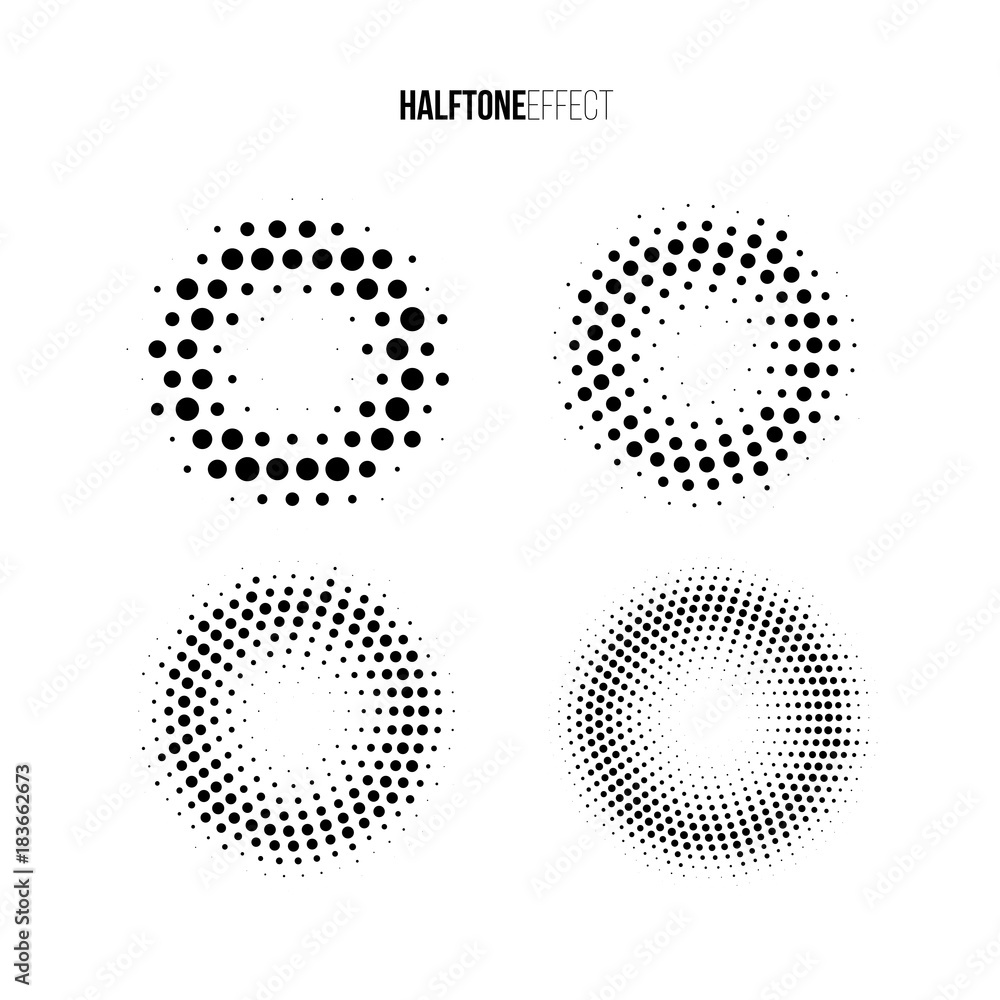 Vector halftone effect set. Different gradient rings in halftone effect.