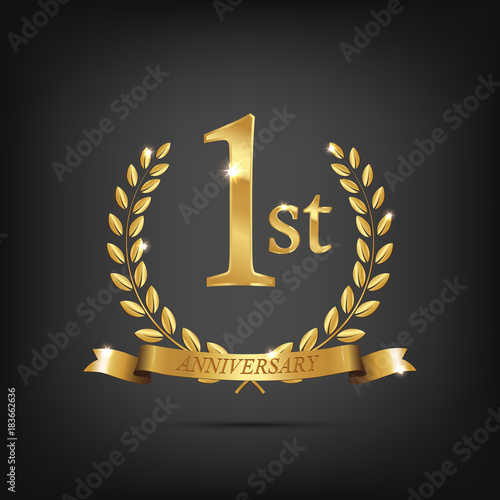 1 anniversary golden symbol. Golden laurel wreaths with ribbons and first anniversary year symbol on dark background. Vector anniversary design element.