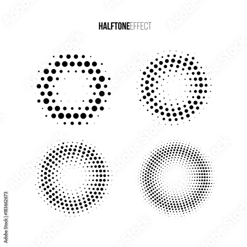 Vector halftone effect set. Different gradient rings in halftone effect.