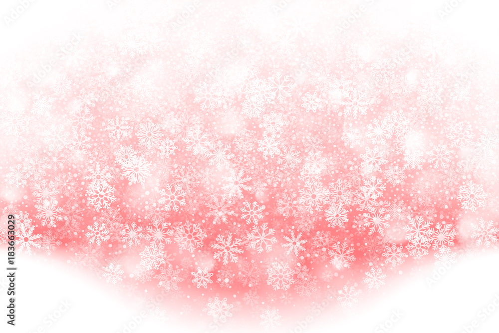 Merry Christmas Falling Snow Effect with Realistic Vector Snowflakes Overlay on Light Muted Red Background. Xmas, Happy New Year, Noel, Yule Winter Season Holidays Abstract Art Illustration