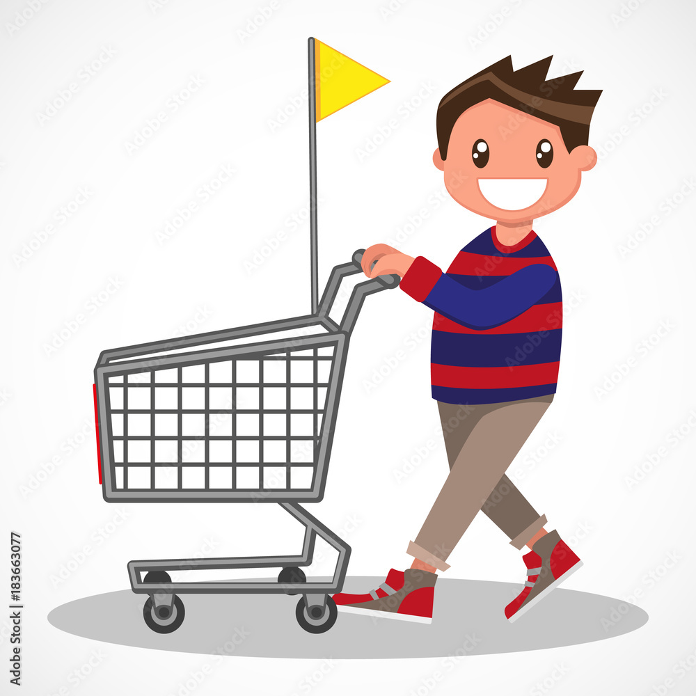 Cheerful boy with his shopping trolley. Young buyer with his shopping carts.  Vector sketch cartoon illustration isolated on white background. Stock  Vector | Adobe Stock