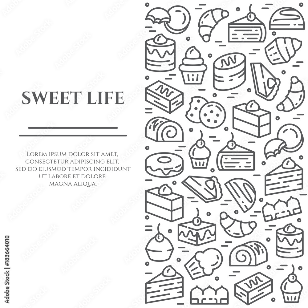 Cakes and cookies theme horizontal banner. Pictograms of pie, brownie, biscuit, tiramisu, roll and other dessert related elements Line out symbols Simple silhouette Editable stroke