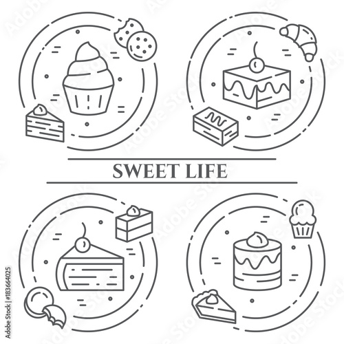 Cakes and cookies theme horizontal banner. Pictograms of pie, brownie, biscuit, tiramisu, roll and other dessert related elements Line out symbols Simple silhouette Editable stroke