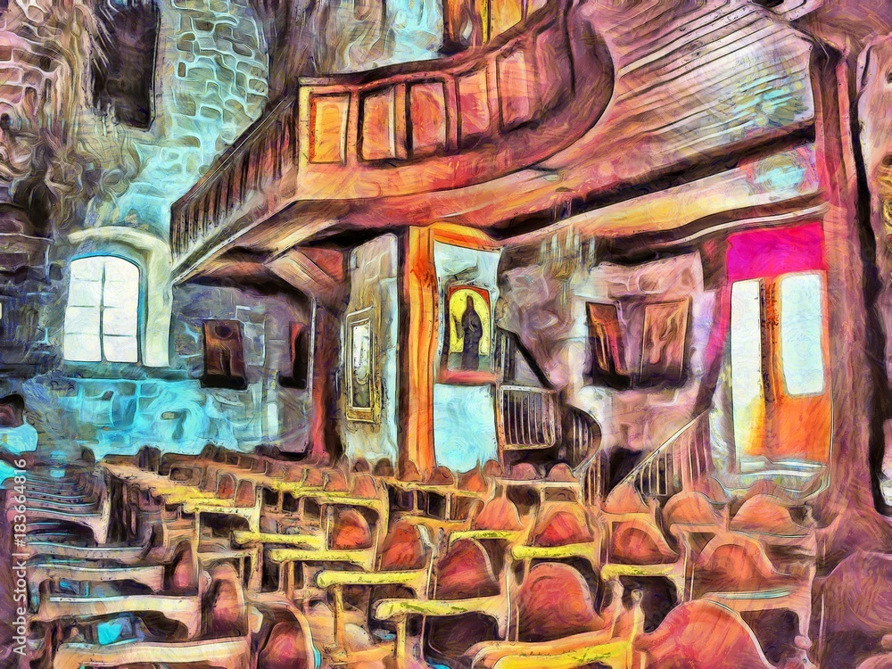 Interior inside a Christian Catholic church or monastery. Stock. Big size pictorial art. Watercolor and oil mixed painting style. Good for printing art pictures, design postcard, posters and wallpaper