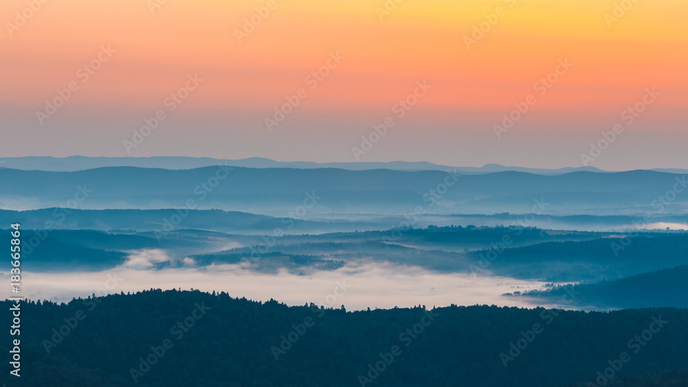 Foggy landscape in Bieszczady Mountains, Poland, Europe
