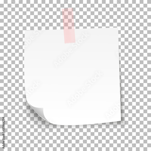 White sheet of note paper with adhesive tape on a transparent background. Vector illustration