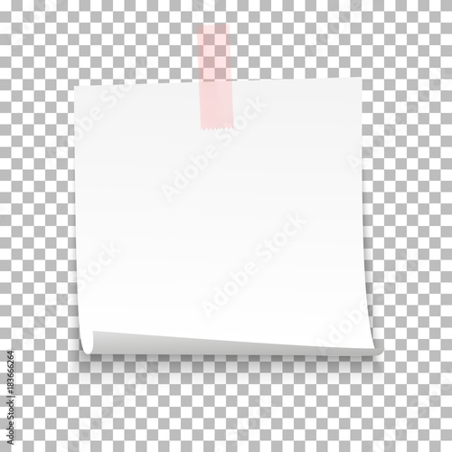 White sheet of note paper with adhesive tape on a transparent background. Vector illustration