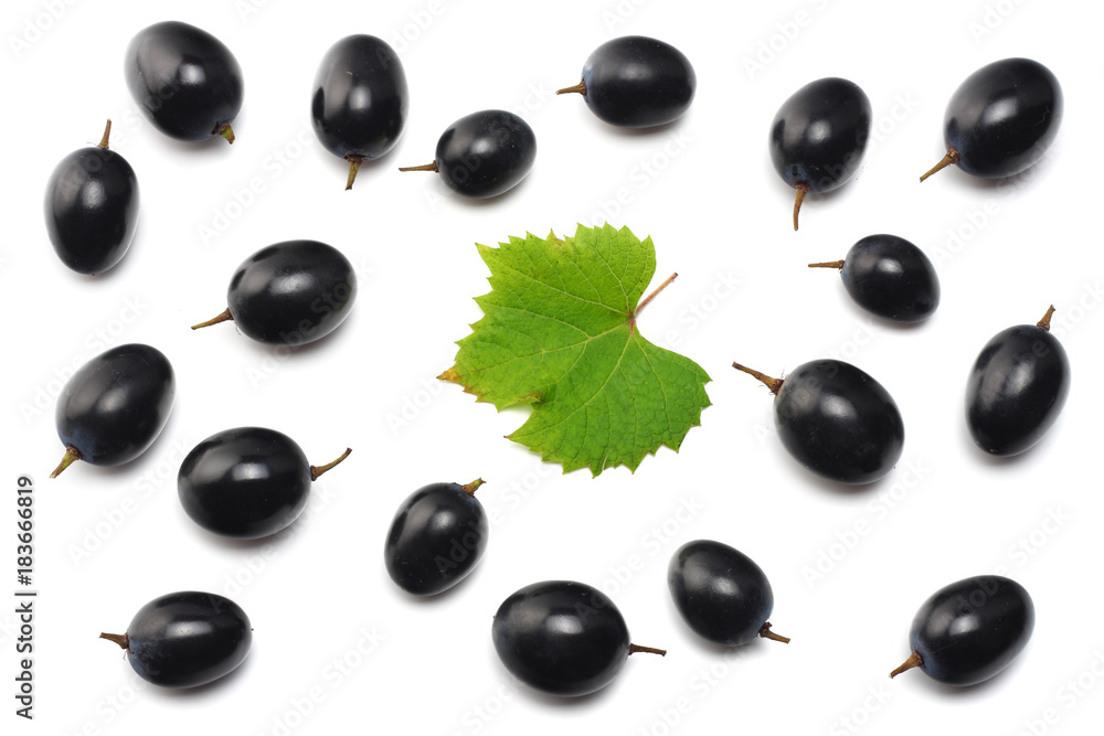 blue grapes berries with leaves isolated on white. top view blue grapes berries with leaves isolated on white. top view