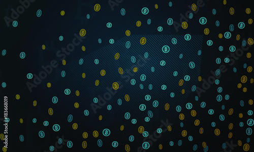 Bitcoins security business background. Bitcoin crypto mining visualization. Business wallet background, security currency exchange, vector model. Crypto virtual payment finance. Gold money trading