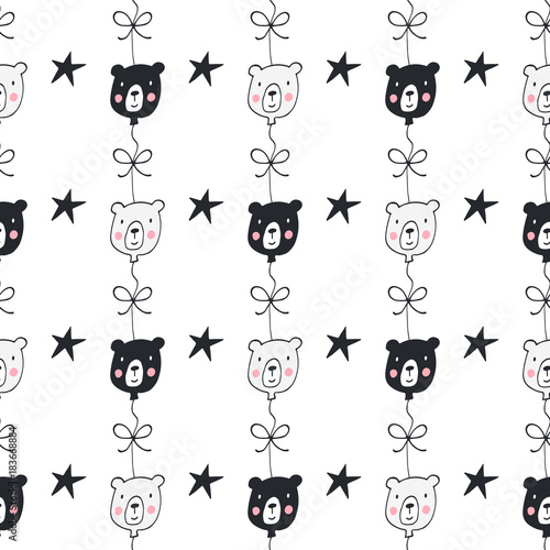 Nursery birthday seamless pattern with bears in scandinavian style. Monochrome vector illustration
