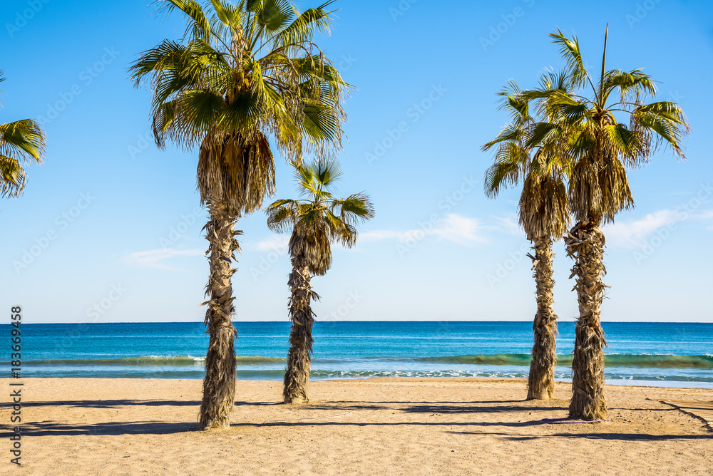 View of San Juan beach in Alicante, Spain a sunny and calm winter morning without clouds and with temperate temperature.