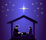 Christmas Christian nativity scene with baby Jesus in the manger in silhouette, and star of Bethlehem vector eps 10