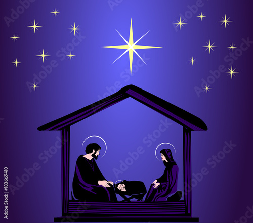 Christmas Christian nativity scene with baby Jesus in the manger in silhouette, and star of Bethlehem vector eps 10