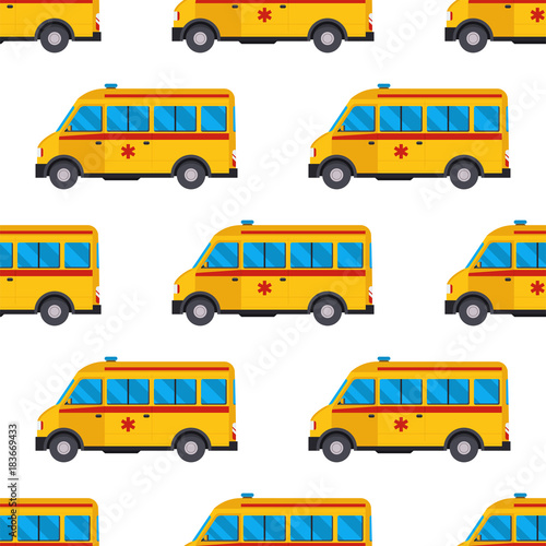 Ambulance medicine emergency car vector hospital health urgent pharmacy medical support paramedic treatment illustration seamless pattern