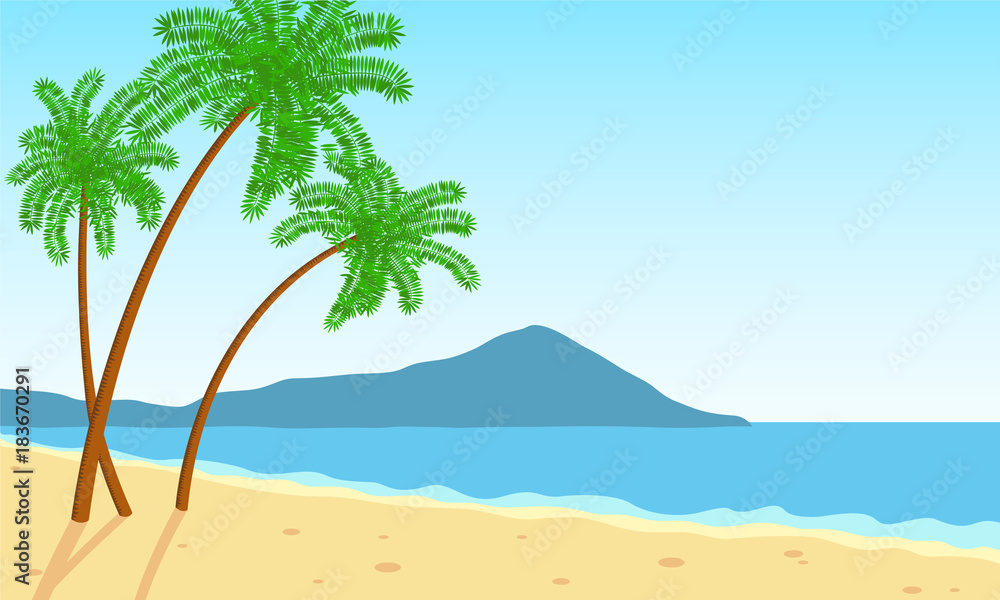 Three palm trees growing on the beach near the sea