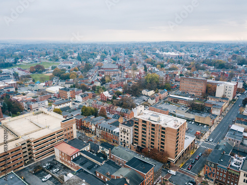 Aerial of Downtown Lancaster  Pennsylvania areound the Central Markets