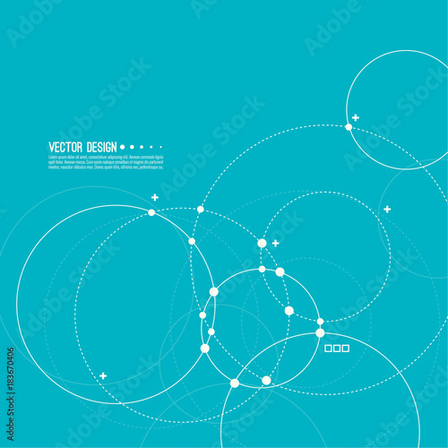 Vector abstract background with overlapping circles and dots. Chaotic motion. Round banner with empty space for text. Node molecule structure. Science and connection concept.