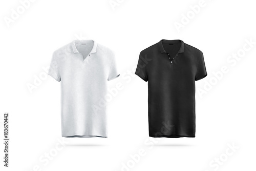 Blank black and white polo shirt mock up isolated, front view, 3d rendering. Empty sport t-shirt uniform mockup. Plain clothing design template. Cotton clear dress with short sleeves for branding.