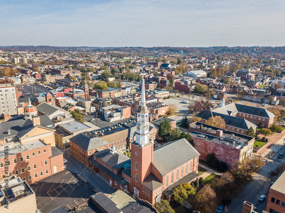 Aerial of Downtown York, Pennsylvania next to the Historic District in Royal Square