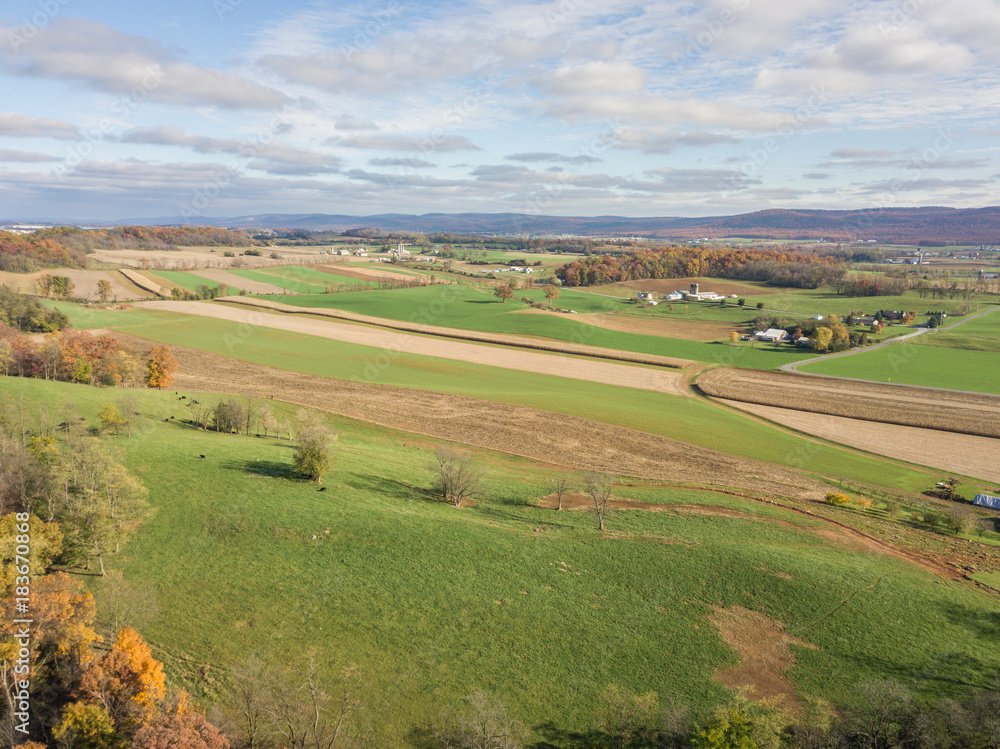 Aerial of Farmland Surrounding Shippensburg, Pennsylvania during late Fall