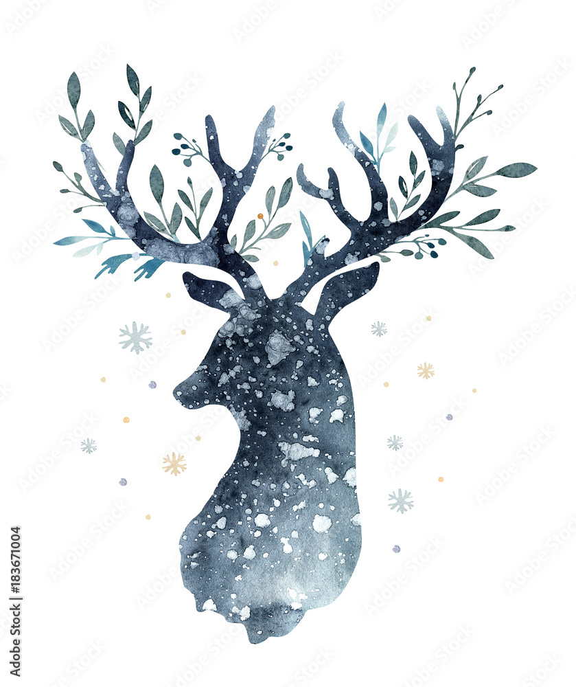 Naklejka premium Akwarela zbliżenie portret ładny jelenia. Na białym tle Ręcznie rysowane ilustracja Boże Narodzenie. Karta z pozdrowieniami dekoracja zwierząt zimowych