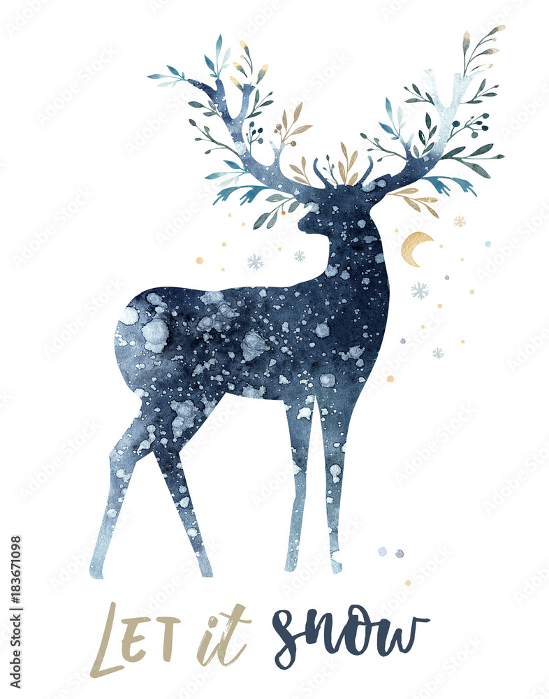 Naklejka premium Watercolor closeup portrait of cute deer. Isolated on white background. Hand drawn christmas illustration. Greeting card animal winter design decoration