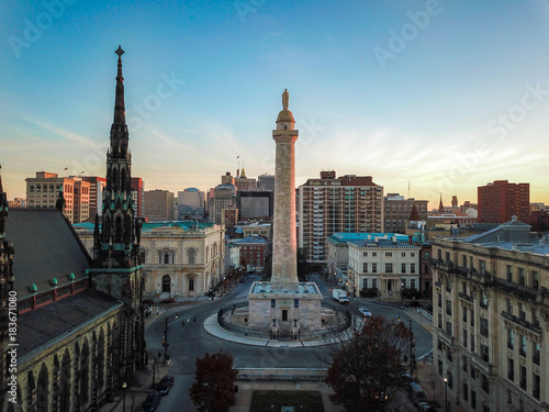 Aerial of Mount Vernon Place in Baltimore, Maryland looking at the Washington Monument