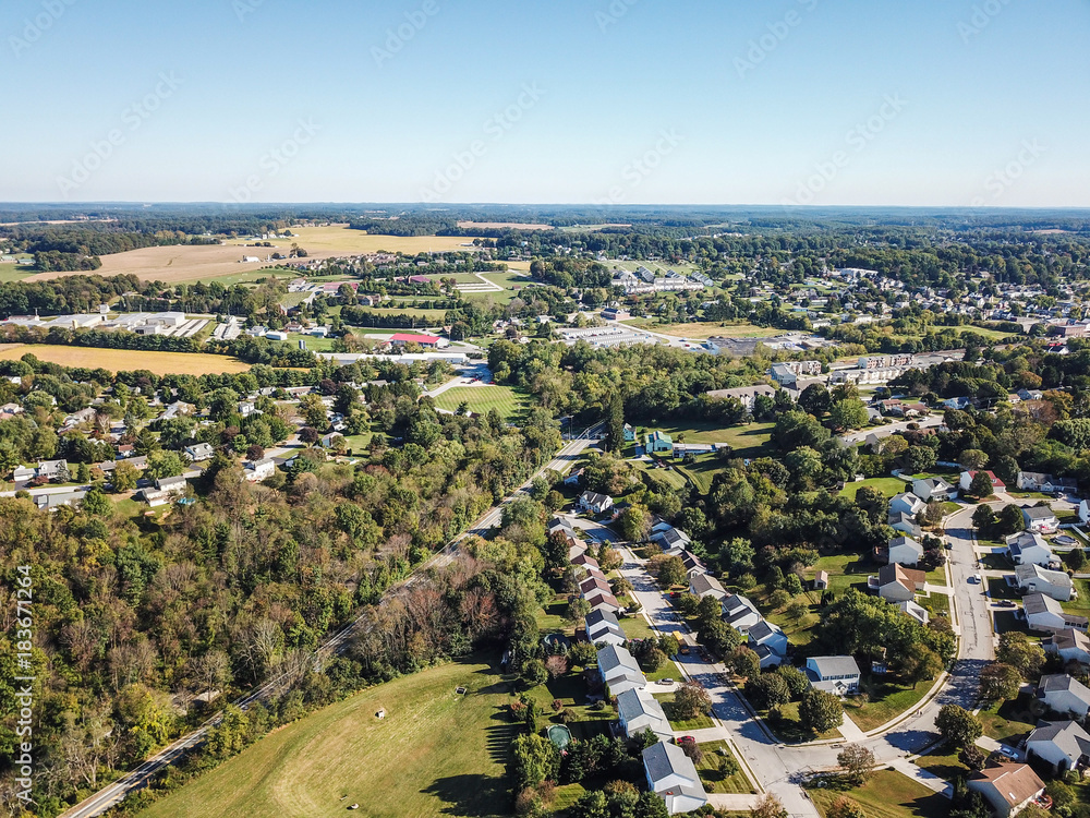 Aerial of New Freedom and surrounding Farmland in Southern Pennsylvania during Fall