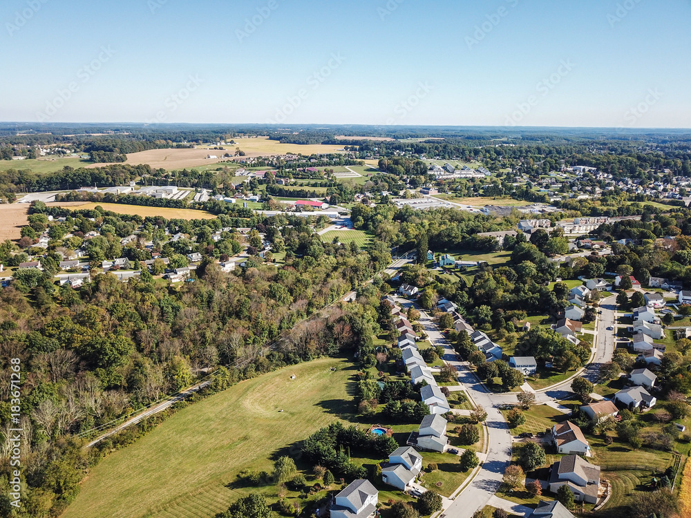 Aerial of New Freedom and surrounding Farmland in Southern Pennsylvania during Fall