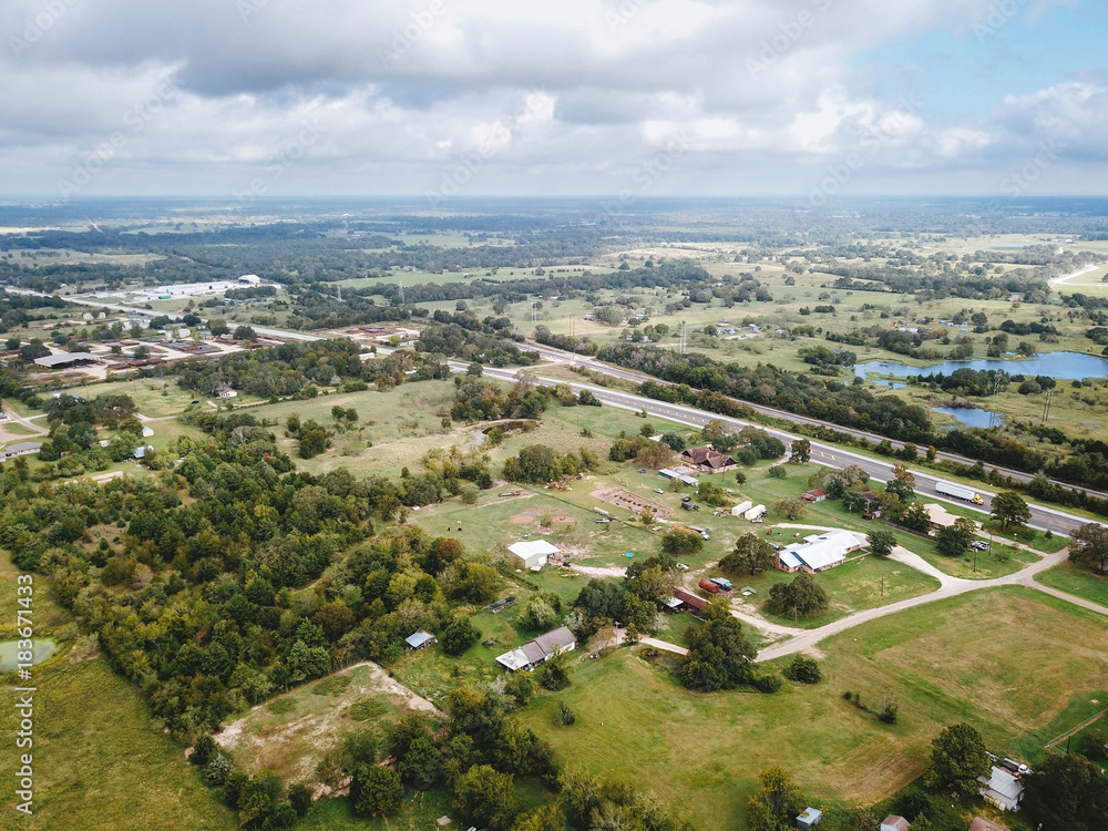 Aerial of the Small Rural Town of Sommerville, Texas Next in Between Houston, and Austin
