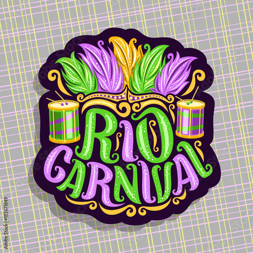 Vector logo for Rio Carnival, poster with brazilian feather headdress, drum with sticks for samba parade, original font for text rio carnival, cut paper sign for carnival show in Brazil Rio de Janeiro